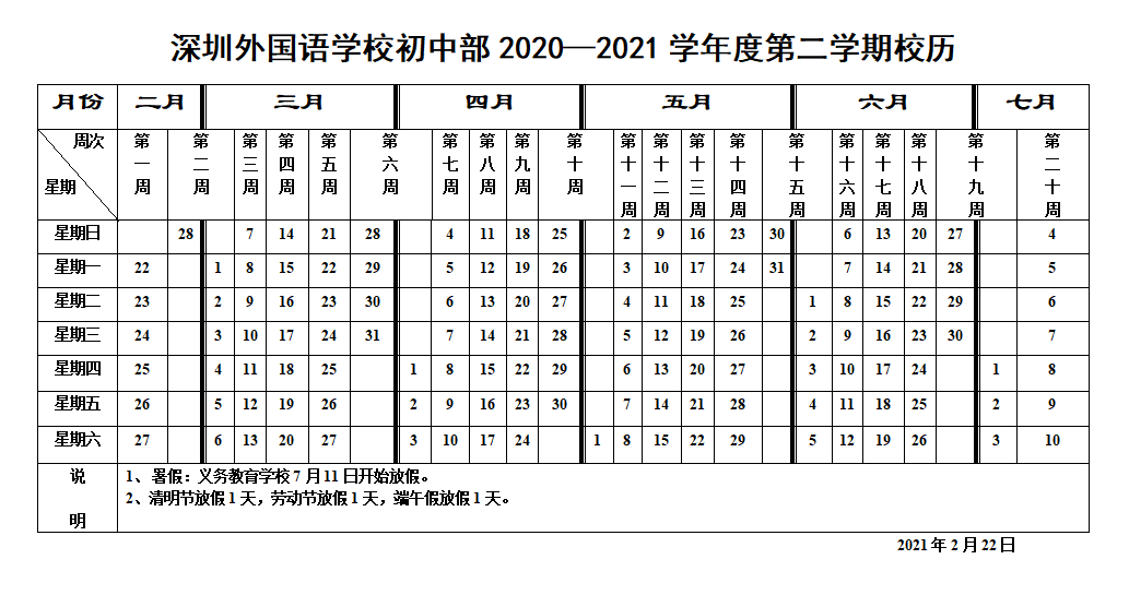 初中部2020—2021学年度第二学期校历